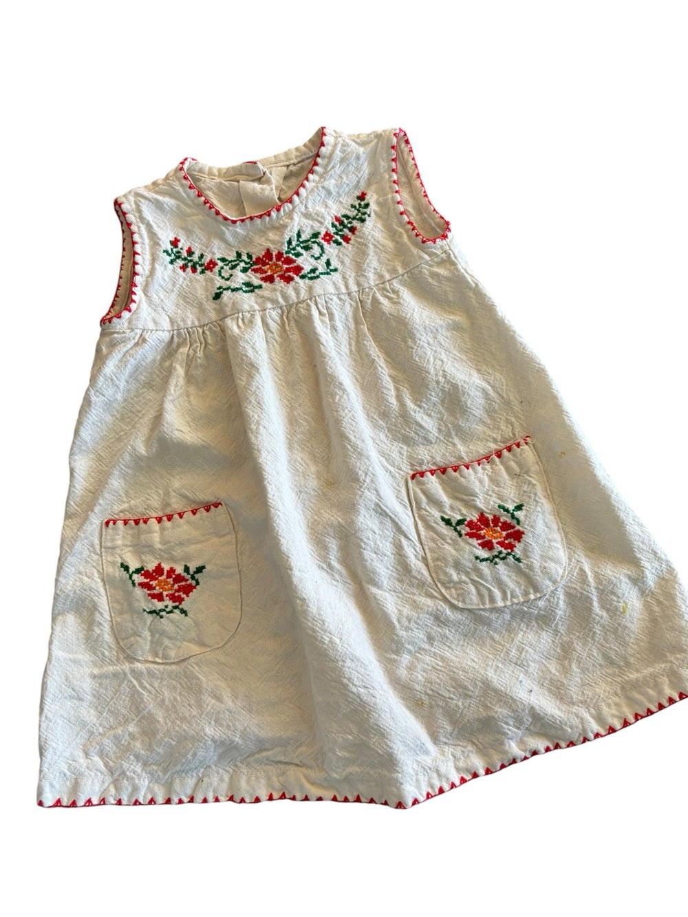 Mexican Embroidered Cream Toddler Dress with Orange Red Floral Accents